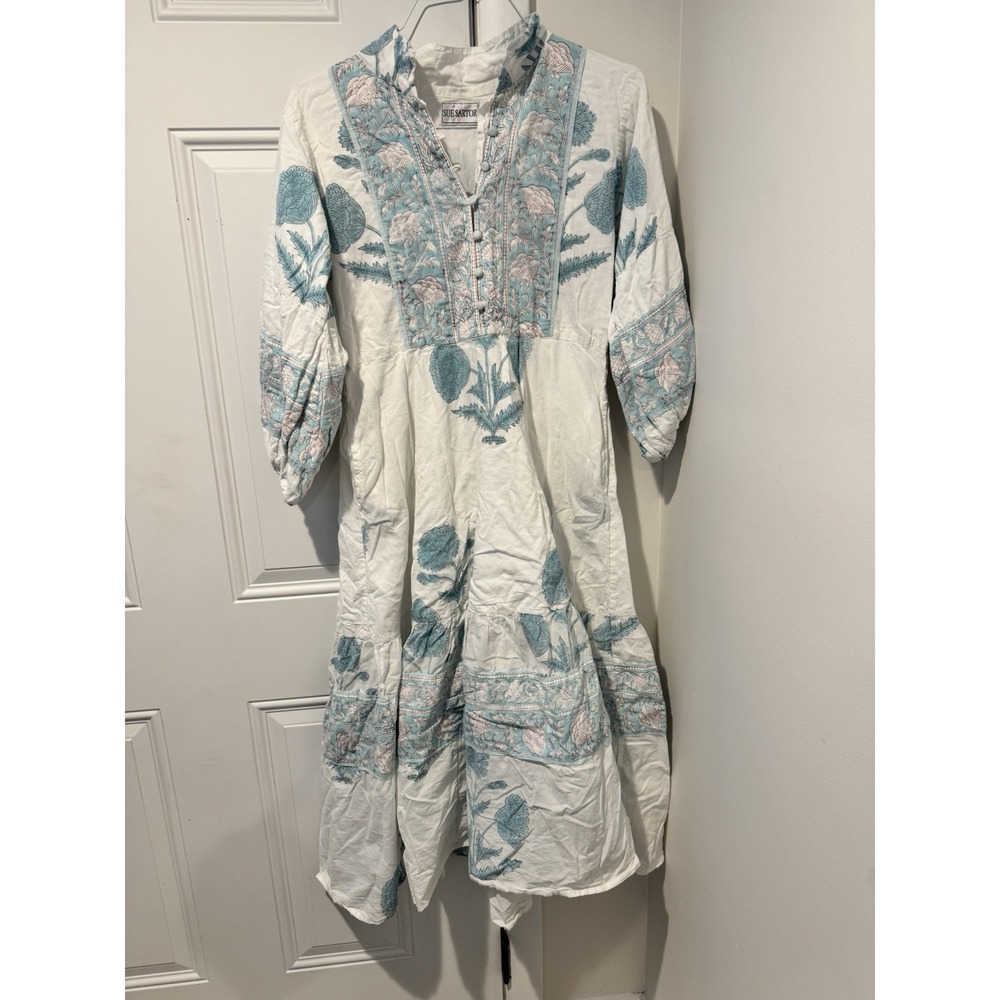Sue Sartor Women's Blue Floral Flounce Dress Long sleeves XS Boho Artsy NO BELT